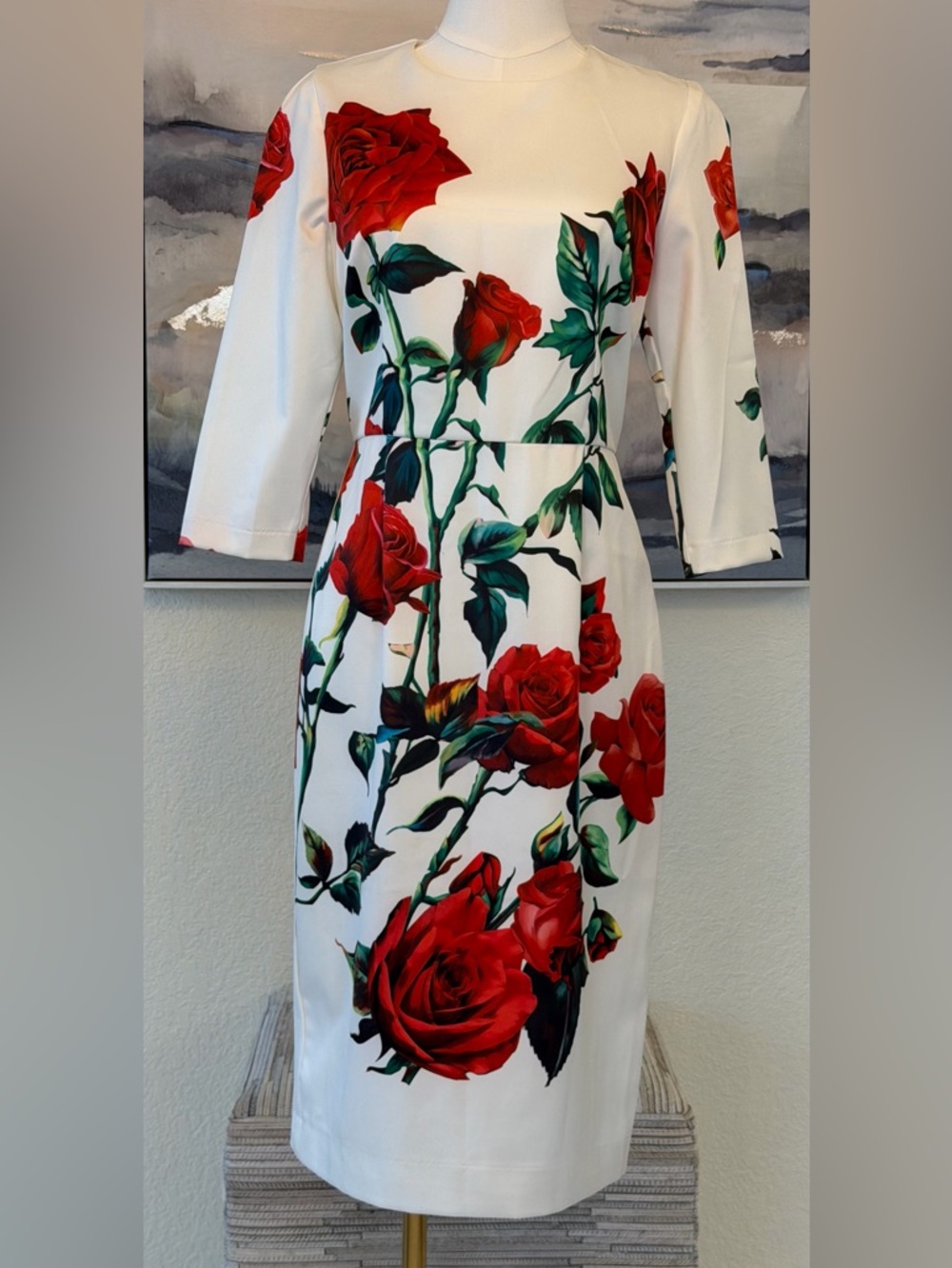White Sheath Dress Red Rose Print Elegant Floral Midi - Designer Inspired